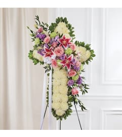 Sympathy Peace and Prayers Standing Cross Pastels. An arrangement by Burlington Flowers.
