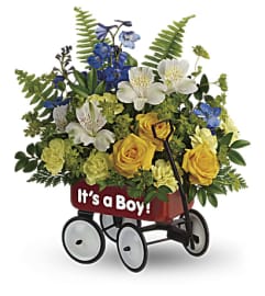 It's A Boy Welcome Wagon 2. An arrangement by K1 Floral Studio.