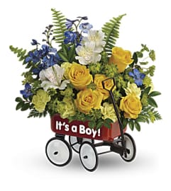 It's A Boy Welcome Wagon 2. An arrangement by K1 Floral Studio.