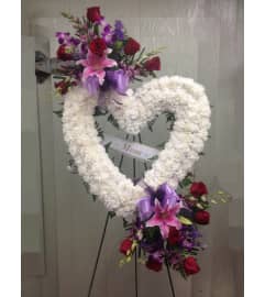 Sympathy Open Heart with double collage. An arrangement by Gonsalves-Fasso Flowers.