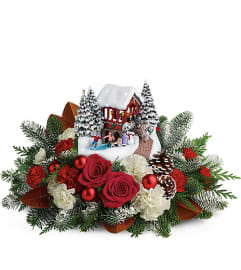 Thomas Kinkade's snowfall 18. An arrangement by K1 Floral Studio.