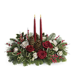 HOLIDAY WISHES CENTERPIECE. An arrangement by J.D. Ballantine's Flowers and Gifts.