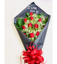 Dozen Roses with short MESSAGE on Paper. An arrangement by Butterflies Flower Shop.