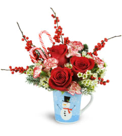 Holiday Hug in a Mug with Roses. An arrangement by Awesome Blossom.