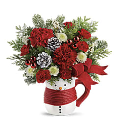 Snowman Love and Hugs Mug. An arrangement by Delray Beach Flower Market.