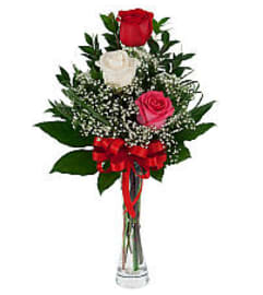 Triple Rose with vase 2022. An arrangement by Shalimar Flower Shop.