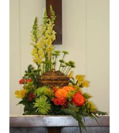 TRAY OFCOLORFUL FLOWERS FOR ANY URN. An arrangement by Flowers by Priscilla.