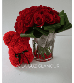 Luxurious Roses and Bear. An arrangement by Brickell Exclusive Blooms.