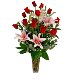 Lovely Roses and Lilies. An arrangement by The Flower Patch Florist. Lovely Roses and Lilies. An arrangement by The Flower Patch Florist.