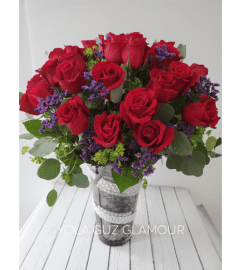 Purple Red Passion in Channel Vase. An arrangement by Brickell Exclusive Blooms.