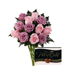 Dozen Lavander Roses with chocolates. An arrangement by Cambridge Flowers and Co.