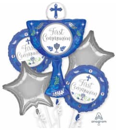 First Communion Blue Super Fun Foil Balloon Bouquet. An arrangement by Balloon Bouquets Plus.