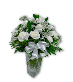Scarlet Summer White Carnations in Premium Polish Vase. An arrangement by Shalimar Flower Shop.