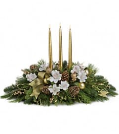 Teleflora's Royal Golden Christmas Centerpiece. An arrangement by Balloon Bouquets Plus.