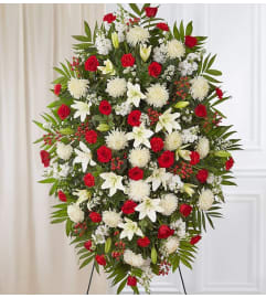 XL Red and White Sympathy Standing Spray. An arrangement by Lovingly Charlotte.