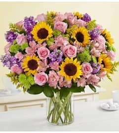 Sunflower and Pink Rose Glamour. An arrangement by Brickell Exclusive Blooms.