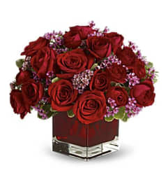 Red Flair Cube. An arrangement by Aventura Glamour Flowers. Red Flair Cube. An arrangement by Aventura Glamour Flowers.