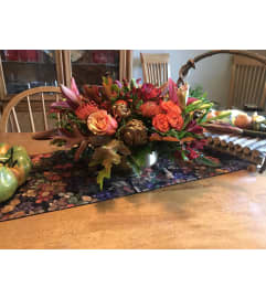 Designers Choice Fall Centerpiece in brushed gold pedestal. An arrangement by Renton Flower Shop.