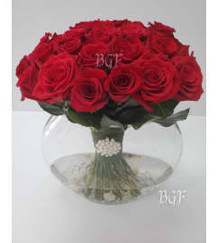 Red Glamour Half Moon Roses. An arrangement by Brickell Exclusive Blooms.