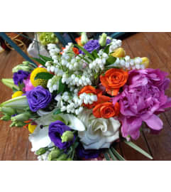 JOYFUL VASE OF FLOWERS. An arrangement by Flowers by Priscilla.