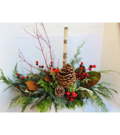 Woodsy Christmas Centerpiece. An arrangement by Nicol Florist. Woodsy Christmas Centerpiece. An arrangement by Nicol Florist.