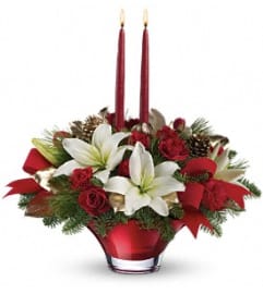 Crimson Glow Centerpiece. An arrangement by Jennifer's Flowers and Gifts.