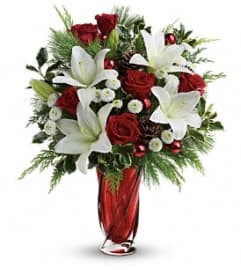 Christmas Swirl Winter Bouquet. An arrangement by Jennifer's Flowers and Gifts.