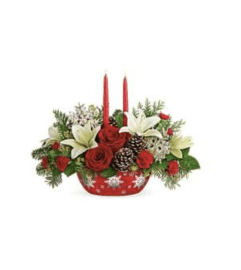 Snowflake Treasures Centerpiece Flower Arrangement. An arrangement by Triple A Florist.
