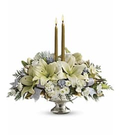 Christmas Metallia Centerpiece. An arrangement by Brickell Ave Florist.