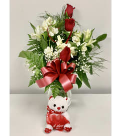 Valentine's Day Floral Arrangement + Teddy. An arrangement by Shalimar Flower Shop. Valentine's Day Floral Arrangement + Teddy. An arrangement by Shalimar Flower Shop.