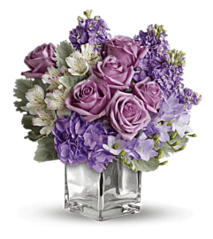 Lavender Blooms In A Cube. An arrangement by Aventura Blooming Petals.