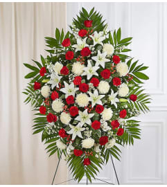 Standing Spray Red and White. An arrangement by Elegant Florist.