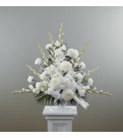 Dignity in White Pedestal Arrangement. An arrangement by The Flower Hut.