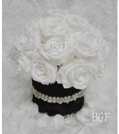 White Preserved Roses in Suede Box. An arrangement by Brickell Exclusive Blooms.