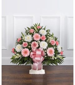 Pink and White Sympathy Floor Basket. An arrangement by Elegant Florist.