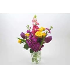 Country Mason Jar with Flowers. An arrangement by Palmetto Gardens Florist.