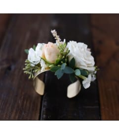 Foraged Floral Gold Cuff Bracelet Corsage. An arrangement by Foraged Floral of Cape Cod.