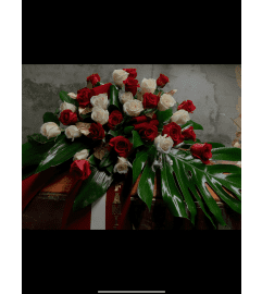 Red Velvet Casket Spray. An arrangement by Silver Rose Emotions.