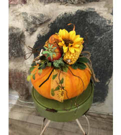 Pumpkin Arrangement with Artificial Florals. An arrangement by Mount Brydges Floral Design.