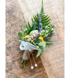 Pin-on Boutonniere - Custom. An arrangement by The Petal and the Stem.