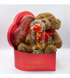 Eternal Rose and Teddy Bear with Chocolate. An arrangement by Conny's Flower Shop.