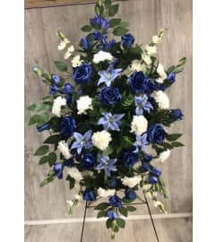 Blue and White Silk Hanging Spray. An arrangement by Roma Flowers and Gifts.