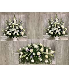 Soft Serenity Package (1 Casket Spray and 2 Arrangements). An arrangement by Roma Flowers and Gifts.