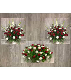 Red and White Tribute Package (1 Casket Spray and 2 Arrangements). An arrangement by Roma Flowers and Gifts.