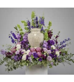 Shades of Purple Cremation Tribute. An arrangement by Seasons Change Designs.