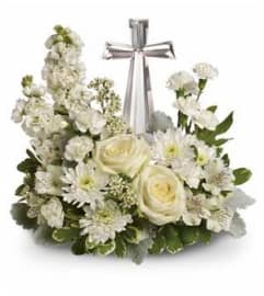 CRYSTAL CROSS CENTERPICE. An arrangement by Last Minute Gifts and Flowers.