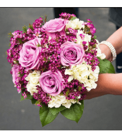 PALE PURPLES AND WHITE NOSEGAY * PROM. An arrangement by Flowers by Priscilla.