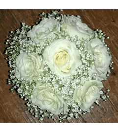 WHITE ROSES WITH BABIES BREATH NOSEGAY * PROM. An arrangement by Flowers by Priscilla.