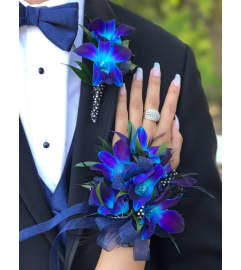 Navy Corsage and Boutonnière Set. An arrangement by Marvellous Florist.