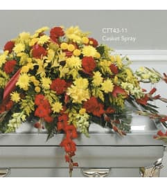 Red and Yellow Casket Spray(Ctt43-11). An arrangement by Roma Flowers and Gifts.